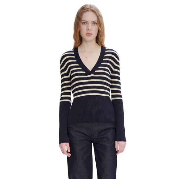 A.P.C. Women's V-Neck Sweater in Dark Navy and Ecru Stripes - Picture 2 of 10